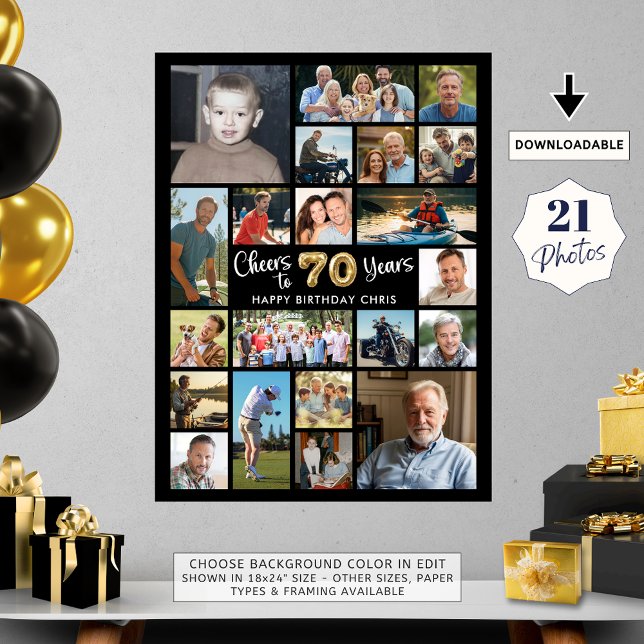 70th Birthday Black Gold 21 Photo Cheers to Years Poster (Creator Uploaded)
