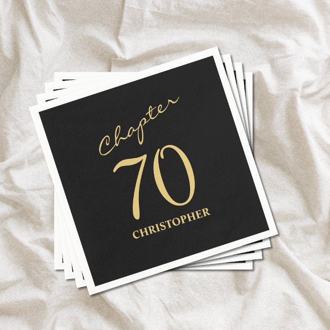 70th Birthday Black Gold Chapter 70 Napkin (Chapter 70 70th birthday black and gold paper napkins. Easily personalized party supplies.)