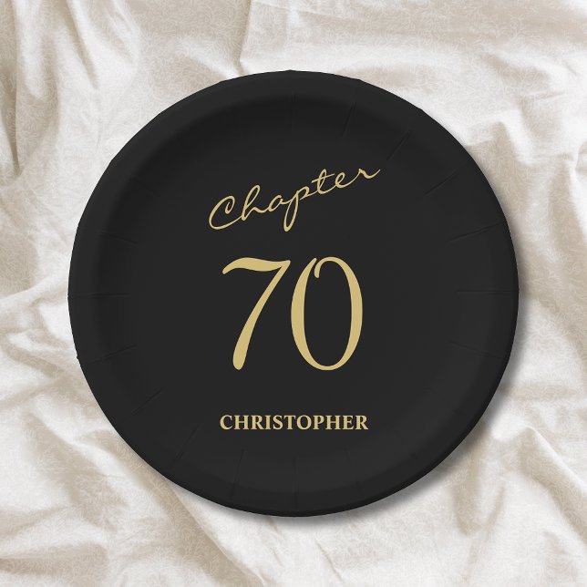 70th Birthday Black Gold Chapter 70 Paper Plate (Black and gold 70th birthday personalized paper plates with name and age.)