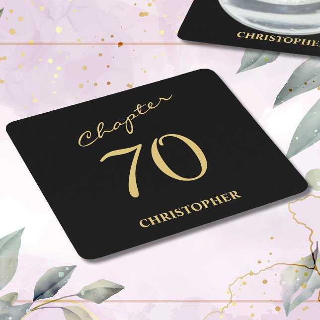 70th Birthday Black Gold Chapter 70 Square Paper Coaster (Chapter 70. 70th birthday personalized black and gold paper coasters. )