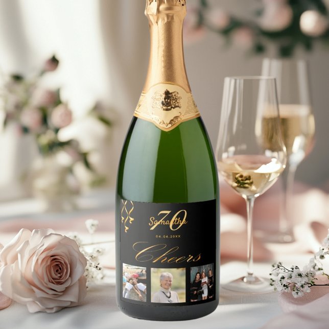 70th birthday black gold cheers script photo sparkling wine label (Creator Uploaded)