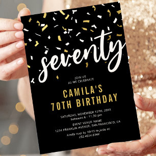 70th Birthday Black Gold Confetti Invitation