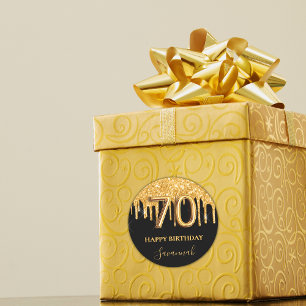 70th birthday black gold glitter balloon party classic round sticker