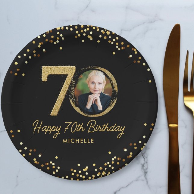 70th Birthday Black Gold Glitter Custom Photo Paper Plate (Creator Uploaded)
