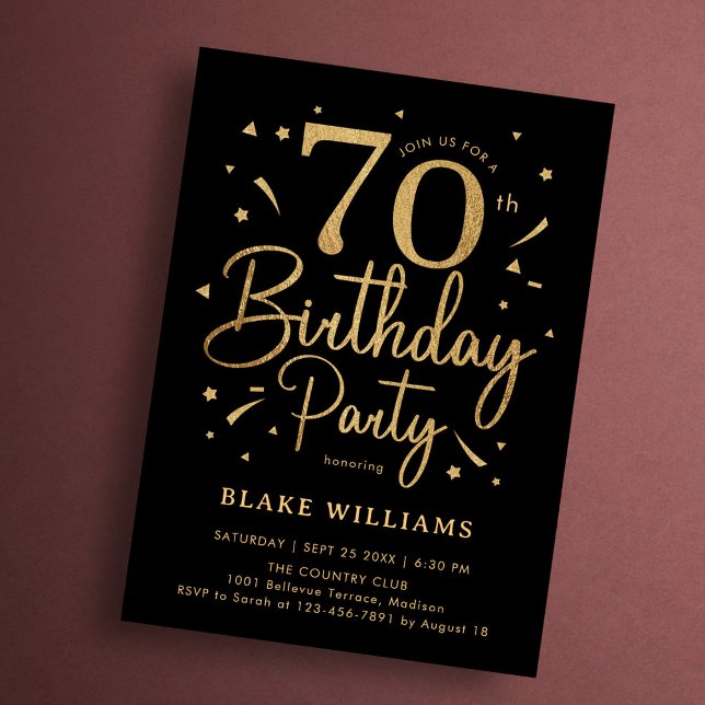 70th Birthday Black Gold Invitation (Creator Uploaded)