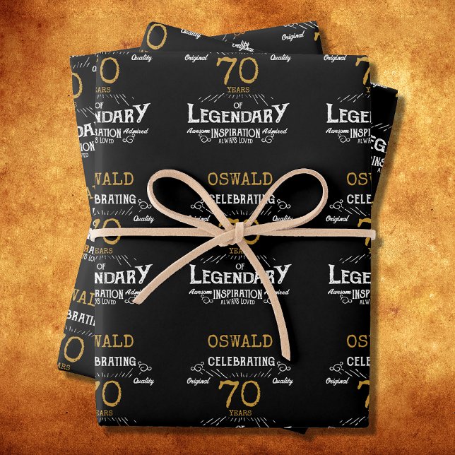 70th Birthday Black Gold  Legendary Retro Wrapping Paper Sheet (Vintage Black Gold Elegant wrapping paper - Personalized 70th Birthday edition.)