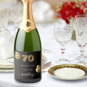 70th birthday black gold leopard print balloons sparkling wine label
