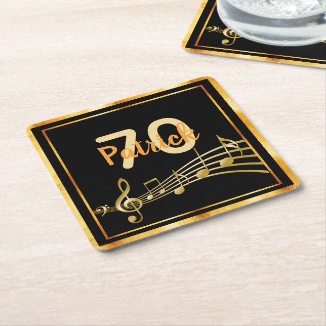 70th birthday black gold music notes name square paper coaster (Angled)
