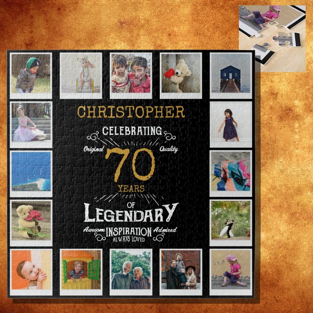 70th Birthday Black Gold Photo Collage Jigsaw Puzzle (A personalized elegant 70th birthday vintage puzzle that is easy to customize but hard to complete)