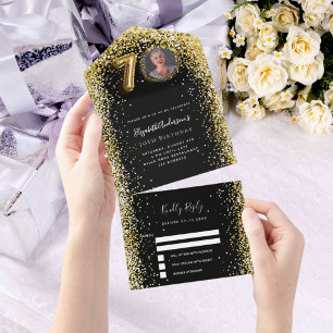 70th birthday black gold photo rsvp all in one invitation