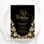 70th Birthday Black Gold Roses Invitation<br><div class="desc">Black gold elegant 70th birthday party invitation. Classy design featuring roses,  faux gold foil and typography script font. Trendy invite card perfect for a stylish female bday celebration. Personalise with your own details. Can be customised to any age. Printed Zazzle invitations or instant download digital printable template.</div>
