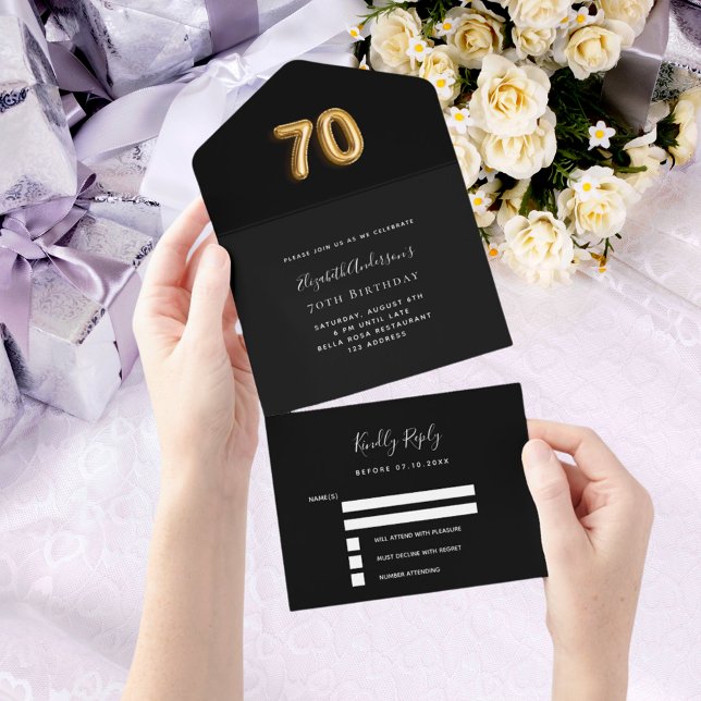 70th birthday black gold rsvp all in one invitation (Creator Uploaded)
