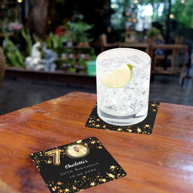 70th birthday black gold stars photo square paper coaster (Creator Uploaded)