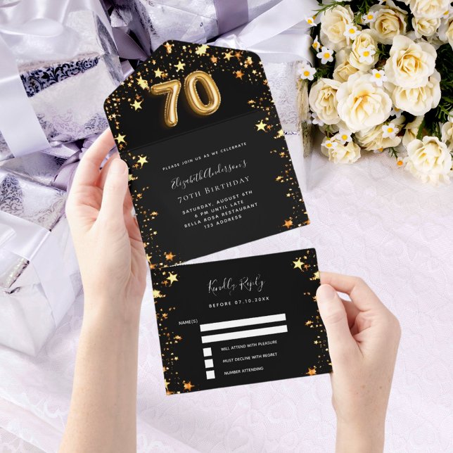 70th birthday black gold stars rsvp all in one invitation (Creator Uploaded)