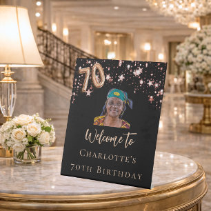 70th Birthday black rose gold photo star welcome Pedestal Sign