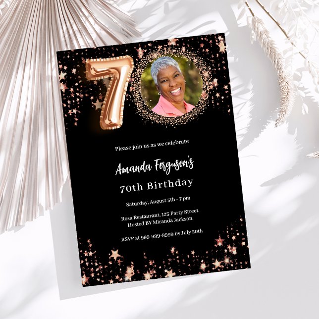 70th Birthday black rose gold photo stars Invitation (Creator Uploaded)