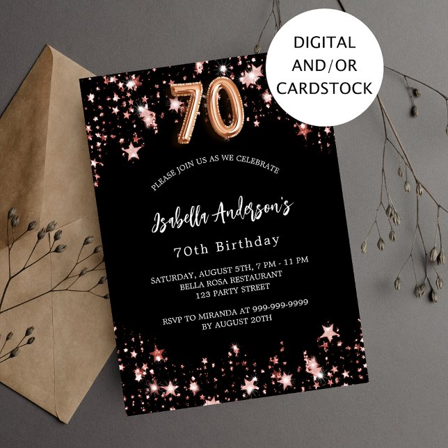 70th birthday black rose gold stars invitation (Creator Uploaded)