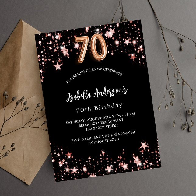 70th birthday black rose gold stars invitation postcard (Creator Uploaded)