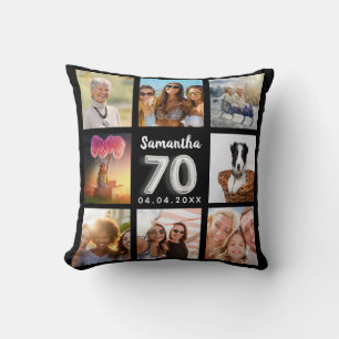 70th birthday black silver photo collage cushion