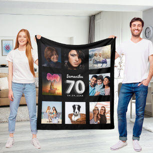 70th birthday black silver photo collage name fleece blanket
