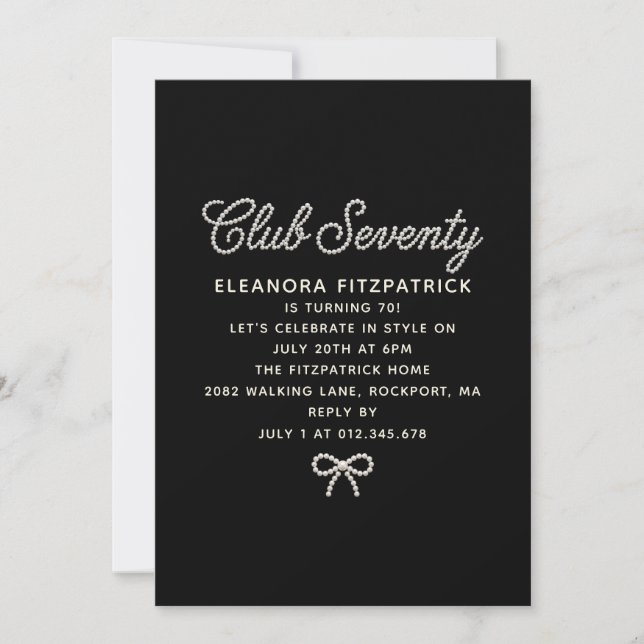 70th Birthday Black White Pearl Script Bow Invitation (Front)