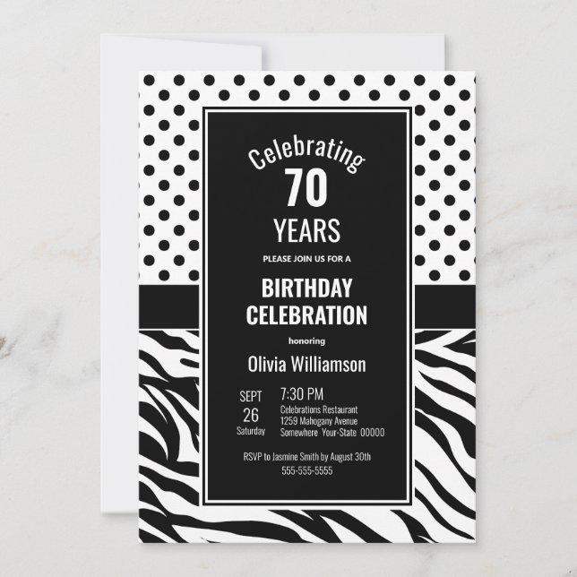 70th Birthday Black White Polka Dot Zebra Stripes Invitation (Front)