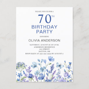 70th Birthday Blue Floral Invitation Postcard