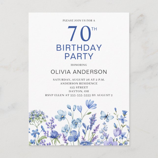 70th Birthday Blue Floral Invitation Postcard (Front)