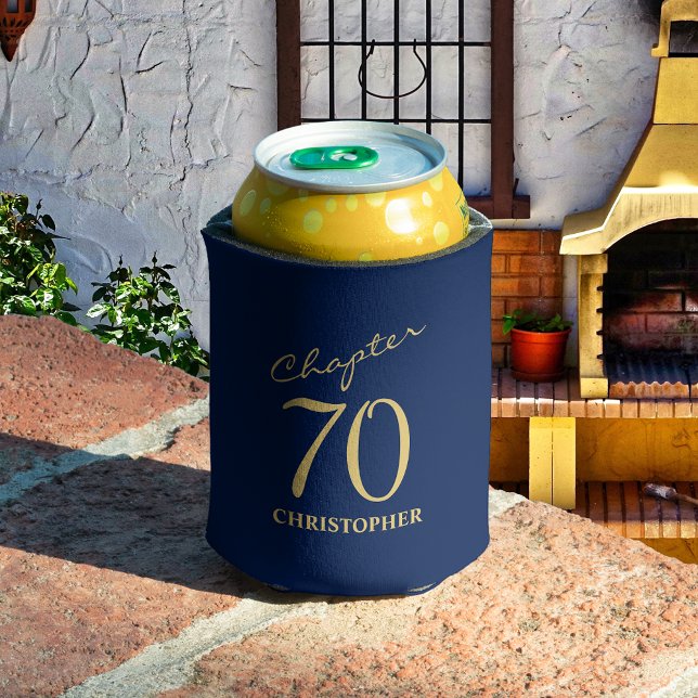 70th Birthday Blue Gold Can Cooler (Creator Uploaded)