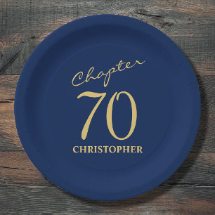 70th Birthday Blue Gold Paper Plate
