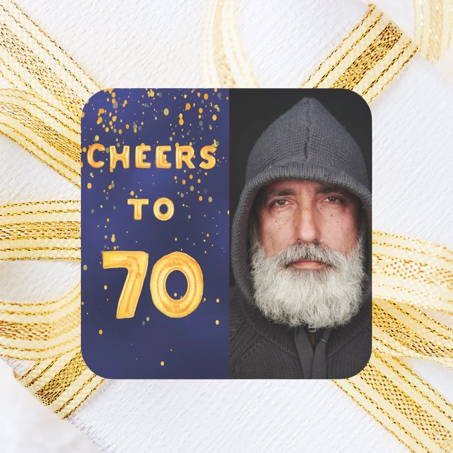 70th birthday blue gold photo cheers square sticker (Creator Uploaded)