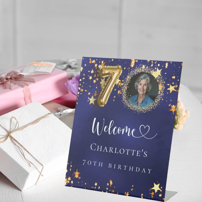 70th Birthday blue gold stars photo welcome Pedestal Sign (Creator Uploaded)