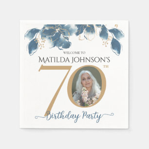 70th Birthday Blue Gold Watercolor Floral Photo Napkin