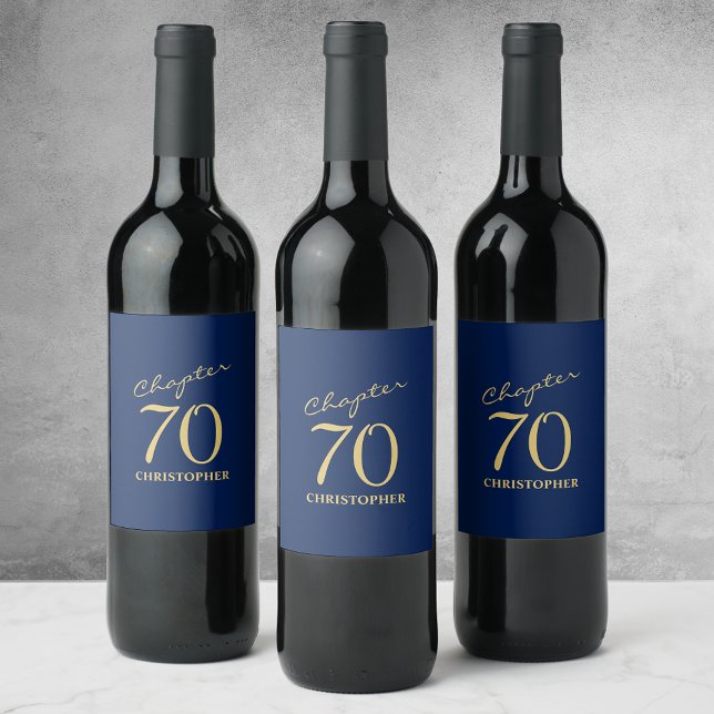 70th Birthday Blue Gold Wine Label (Creator Uploaded)