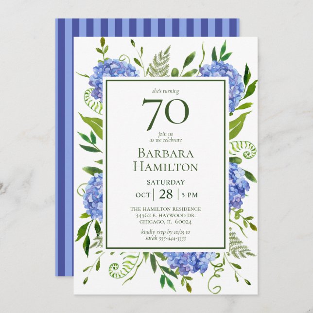 70th Birthday Blue Hydrangeas Invitation (Front/Back)