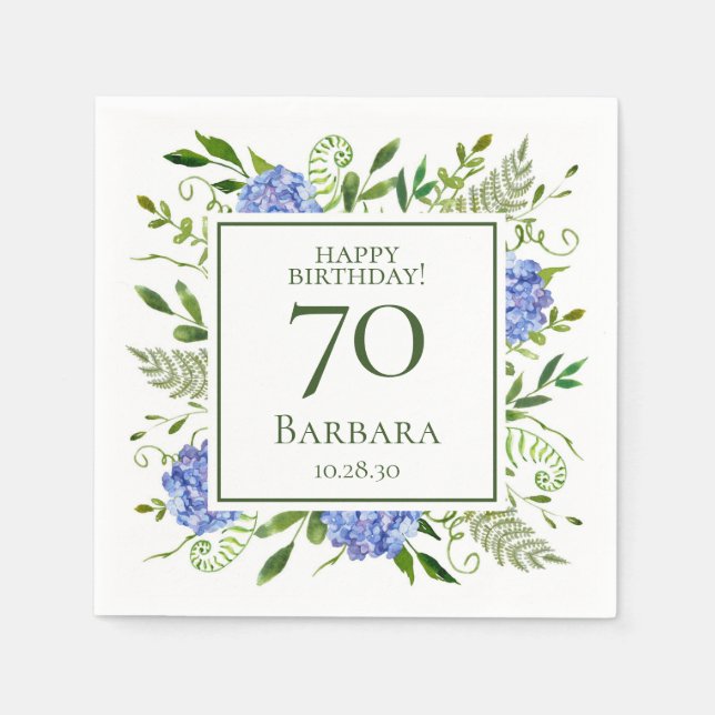 70th Birthday Blue Hydrangeas Napkin (Front)