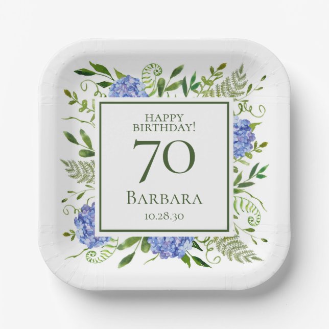 70th Birthday Blue Hydrangeas Paper Plate (Front)
