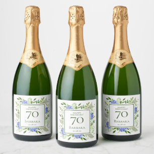 70th Birthday Blue Hydrangeas Sparkling Wine Label