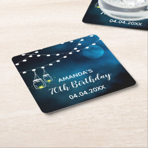 70th birthday blue moon light strings name square paper coaster