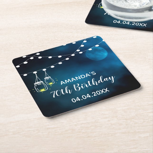 70th birthday blue moon light strings name square paper coaster (Angled)
