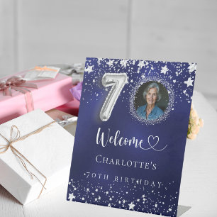 70th Birthday blue silver stars photo welcome Pedestal Sign