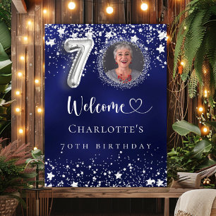 70th Birthday blue silver stars photo welcome Poster