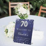 70th Birthday blue silver stars welcome party Pedestal Sign<br><div class="desc">A welcome sign for a 70th birthday party.  A navy blue background with elegant faux silver stars. The blue colour is uneven.  Personalise and add a name and text.  White letters.</div>
