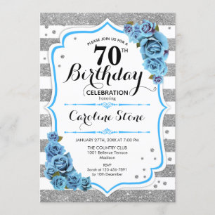 70th Birthday - Blue Silver White Stripes Invitation