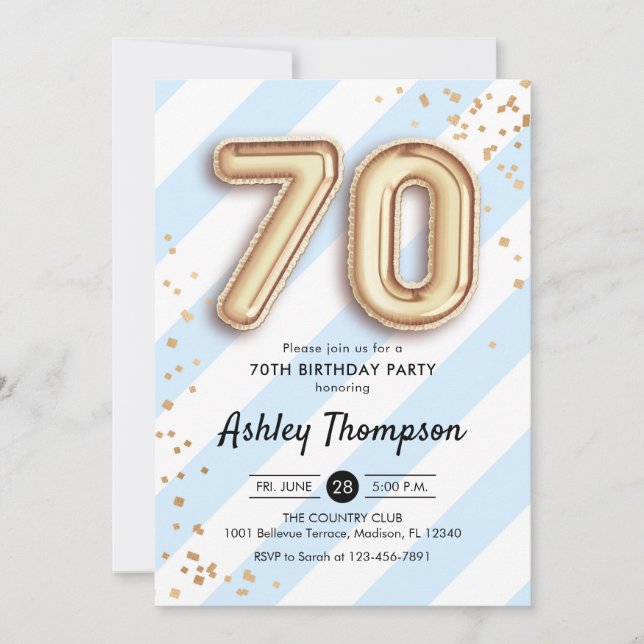 70th Birthday - Blue Stripes Gold Balloons Invitation (Front)