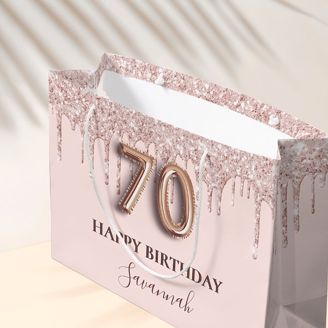 70th birthday blush pink glitter drips rose gold large gift bag (Creator Uploaded)