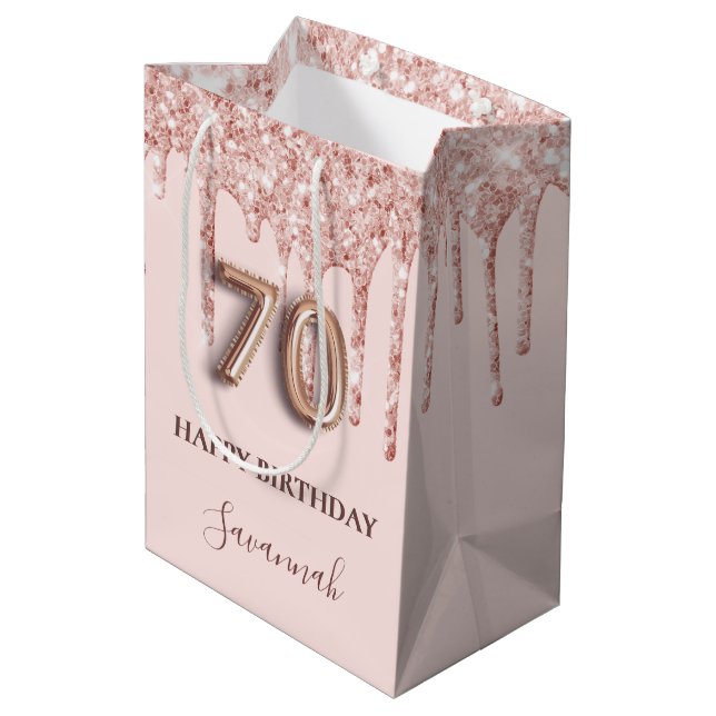 70th birthday blush pink glitter drips rose gold medium gift bag (Back Angled)