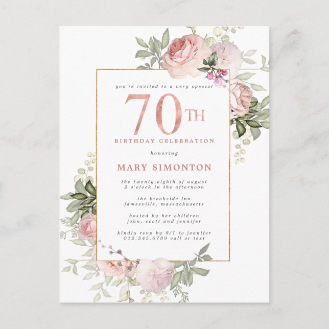 70th Birthday Blush Pink Rose Floral  Invitation Postcard (Front)