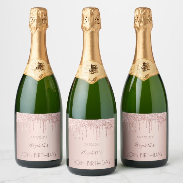 70th birthday blush rose gold drips name sparkling wine label (Bottles)