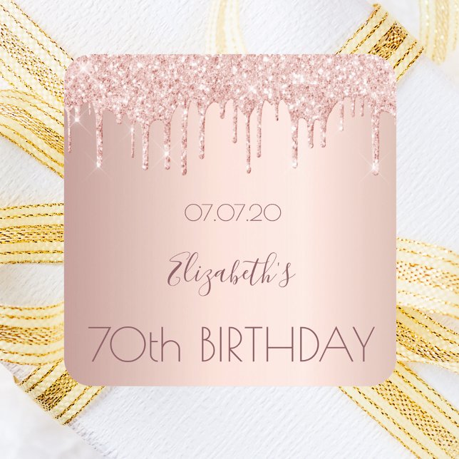 70th birthday blush rose gold drips name square sticker (Creator Uploaded)
